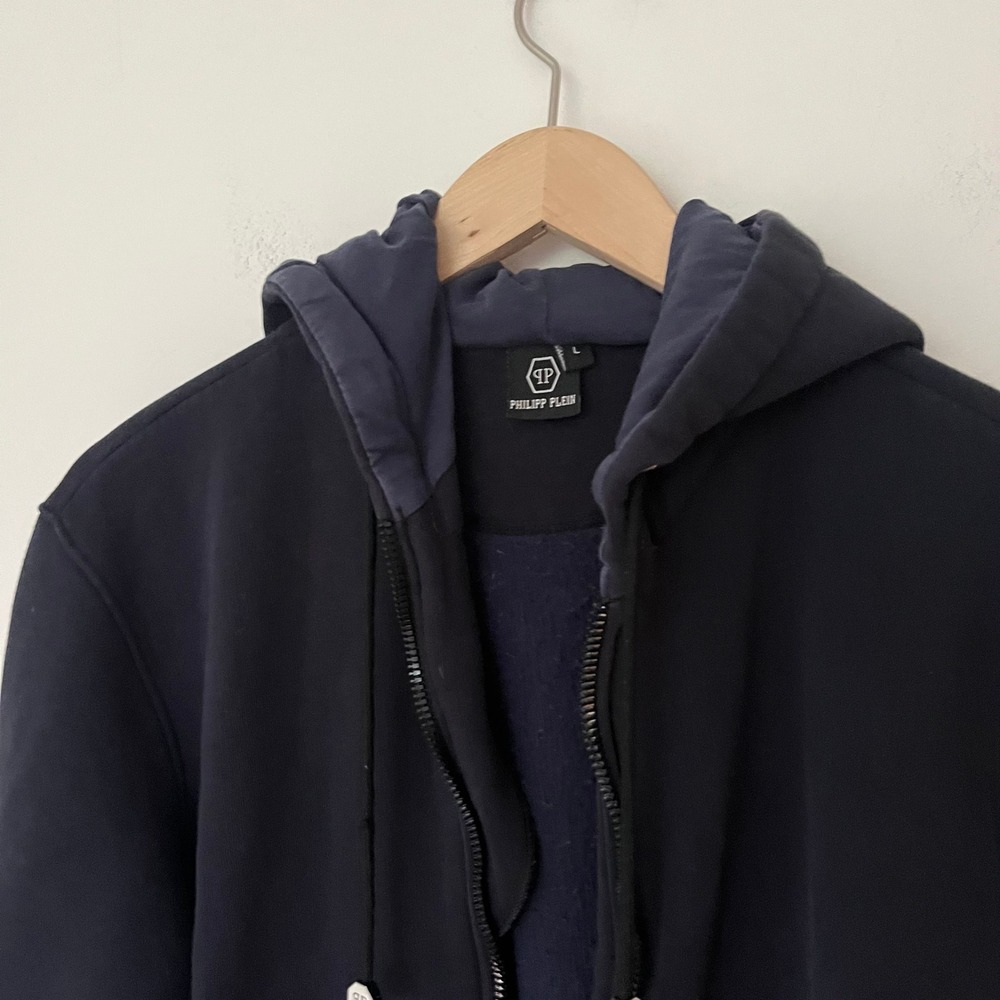 Philipp Plein Mens Navy Blue Full Zip Hoodie Logo Hardware Size L Broken Zipper